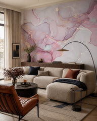 Pink alcohol ink wallpaper in a designer living room.