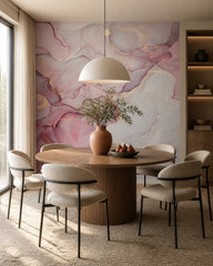Pink alcohol ink wallpaper in a refined dining area.