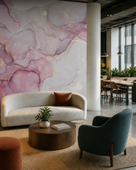 Pink alcohol ink wallpaper in a creative office lounge.
