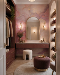 Pink alcohol ink wallpaper in a dressing room.
