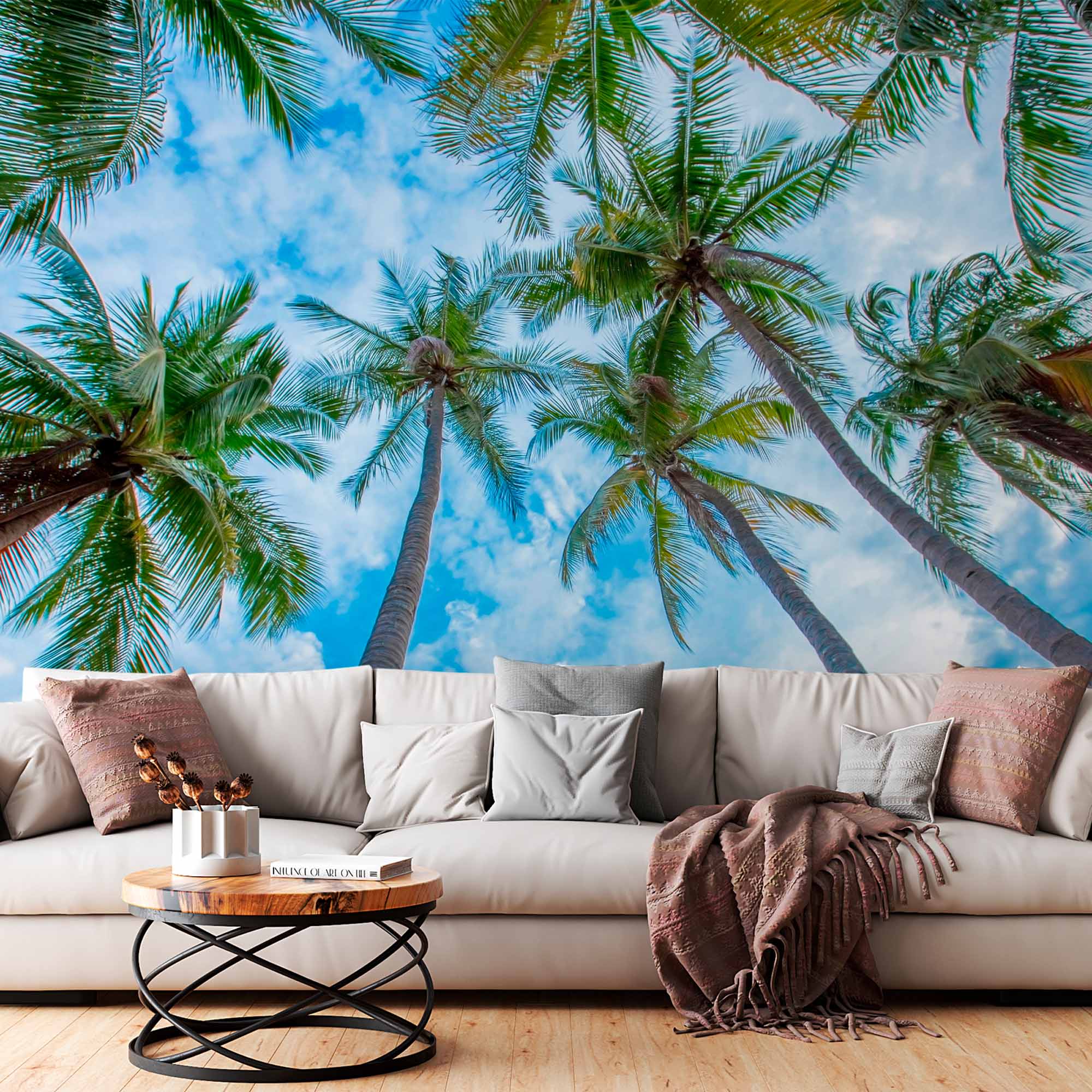 Upward View of Palm Trees Against Blue Sky Wall Mural Wallpaper