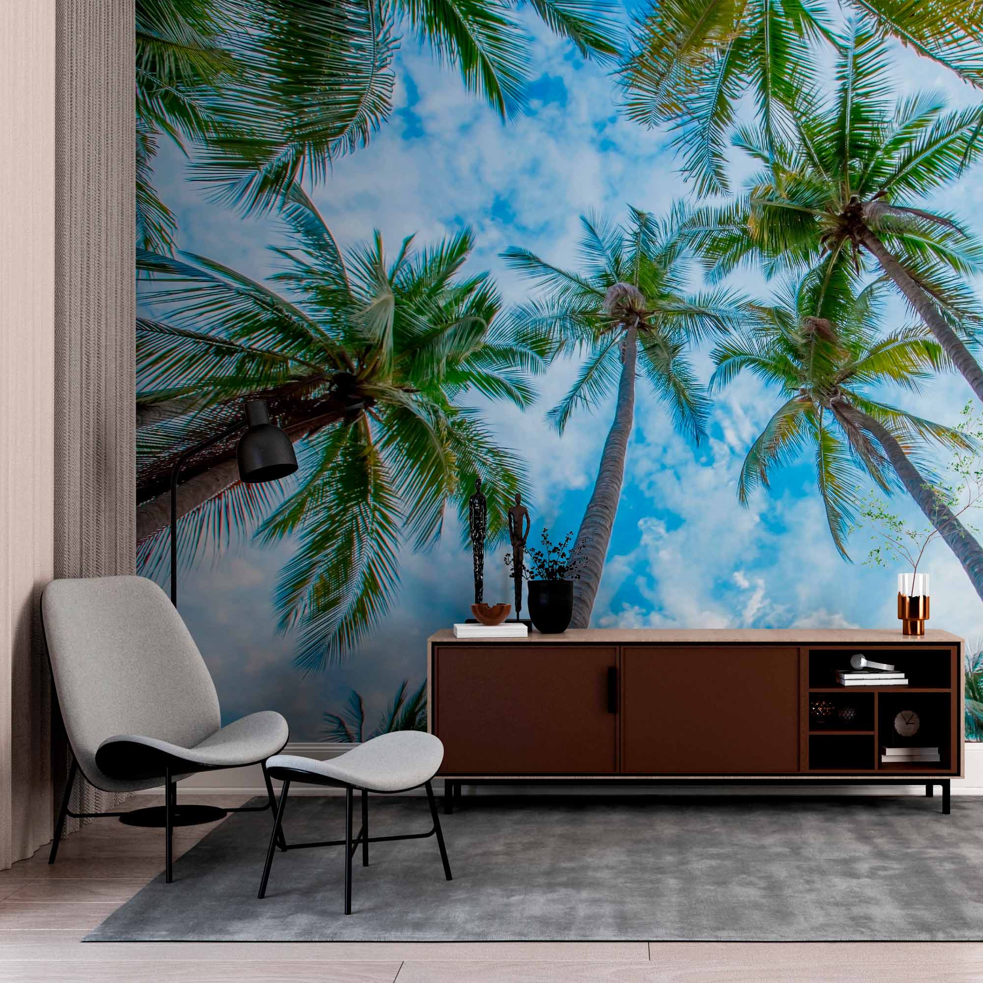 Upward View of Palm Trees Against Blue Sky Wall Mural Wallpaper