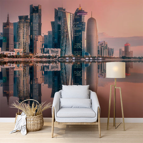 Modern Doha Skyline at Sunset Wall Mural - Reflective Skyscrapers on Water