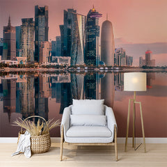 Custom Modern Doha Skyline at Sunset Wall Mural - Reflective Skyscrapers on Water