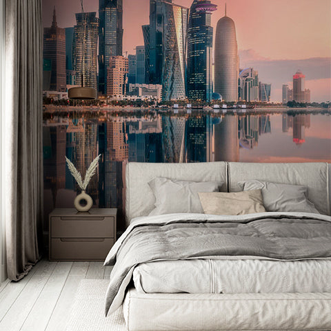 Modern Doha Skyline at Sunset Wall Mural - Reflective Skyscrapers on Water