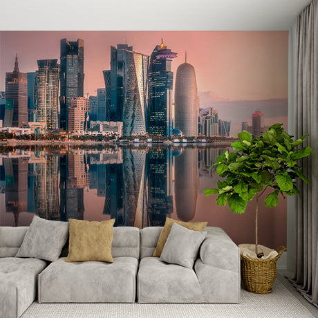 Modern Doha Skyline at Sunset Wall Mural - Reflective Skyscrapers on Water