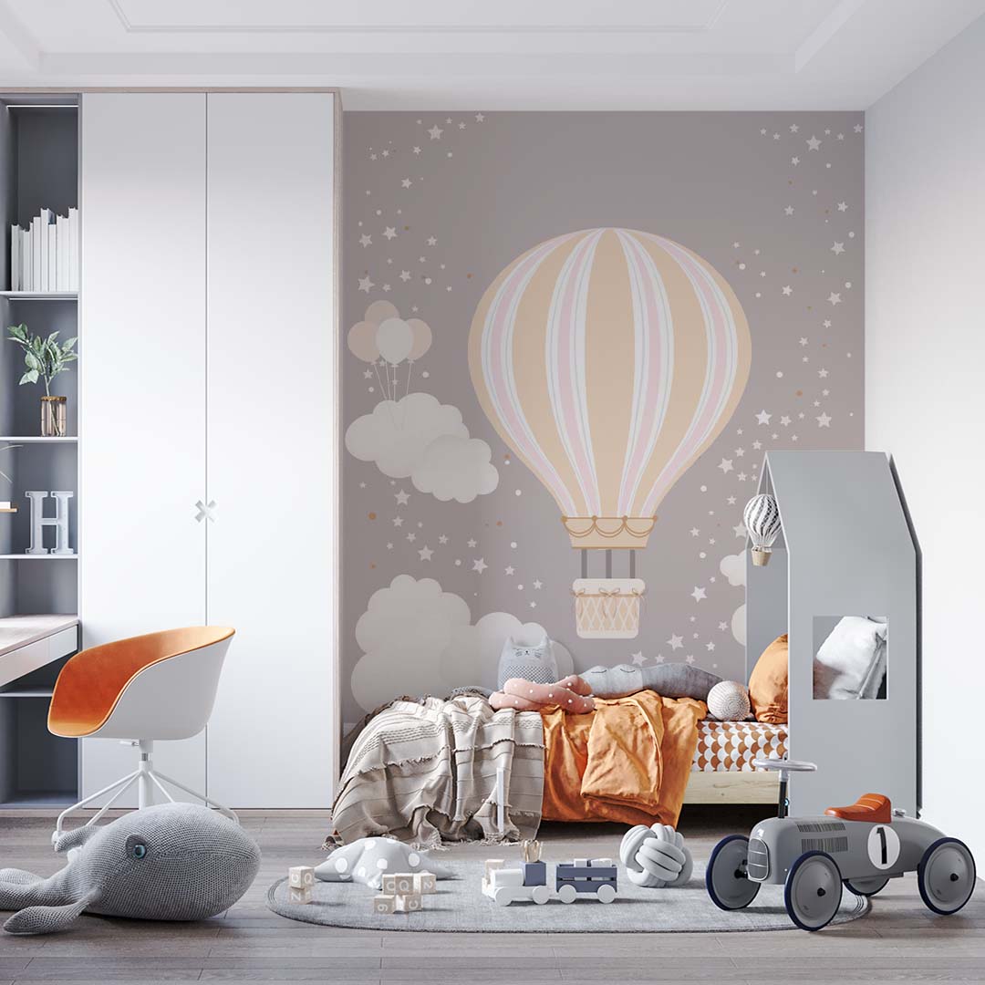 Kids Wall Murals Hot Air Balloons Stars and Clouds Scandinavian Wallpaper