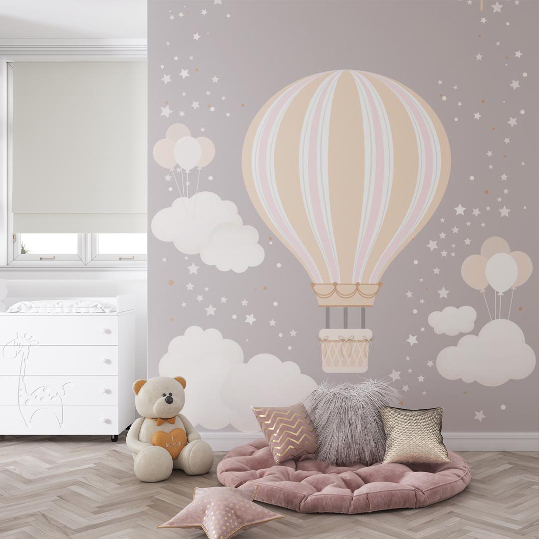 Kids Wall Murals Hot Air Balloons Stars and Clouds Scandinavian Wallpaper