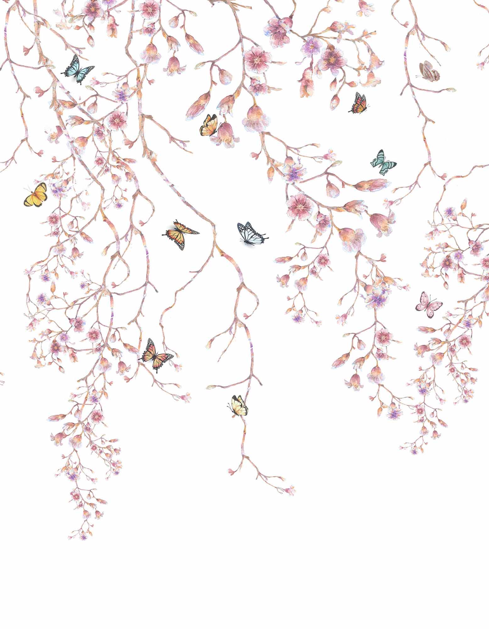 Cherry Blossom Tree with Butterflies Wall Mural Tender Floral Wallpaper