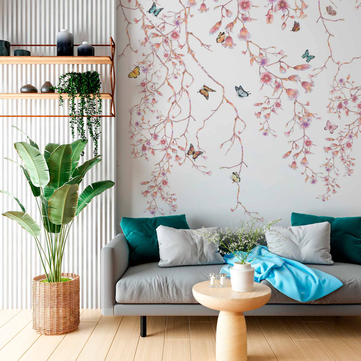 Cherry Blossom Tree with Butterflies Wall Mural Tender Floral Wallpaper