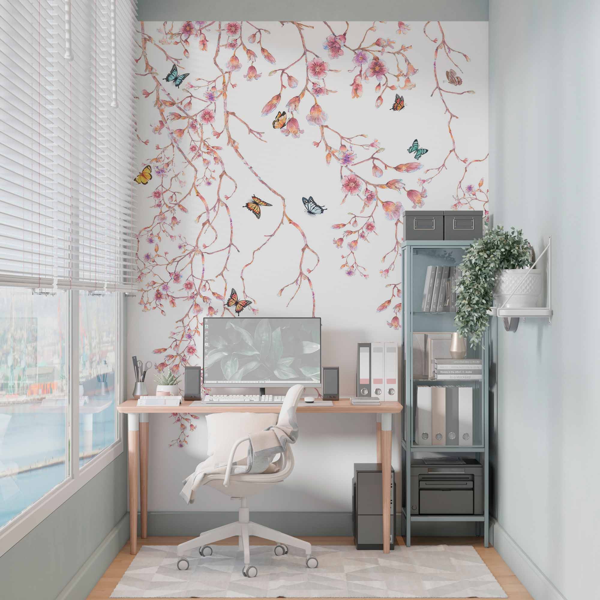 Cherry Blossom Tree with Butterflies Wall Mural Tender Floral Wallpaper