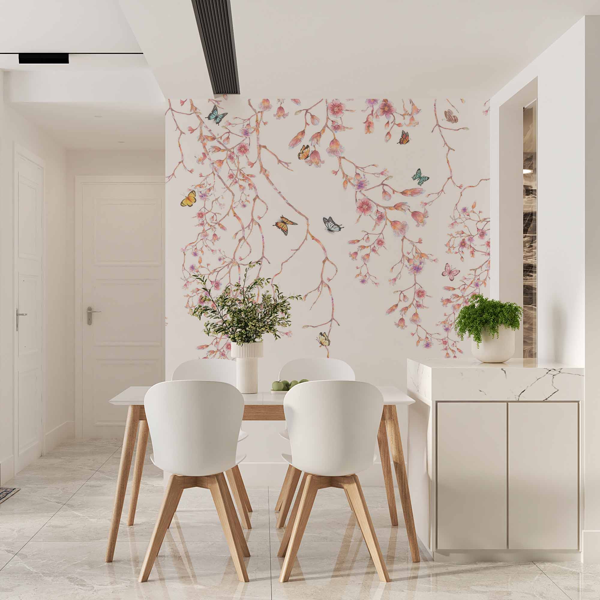 Cherry Blossom Tree with Butterflies Wall Mural Tender Floral Wallpaper