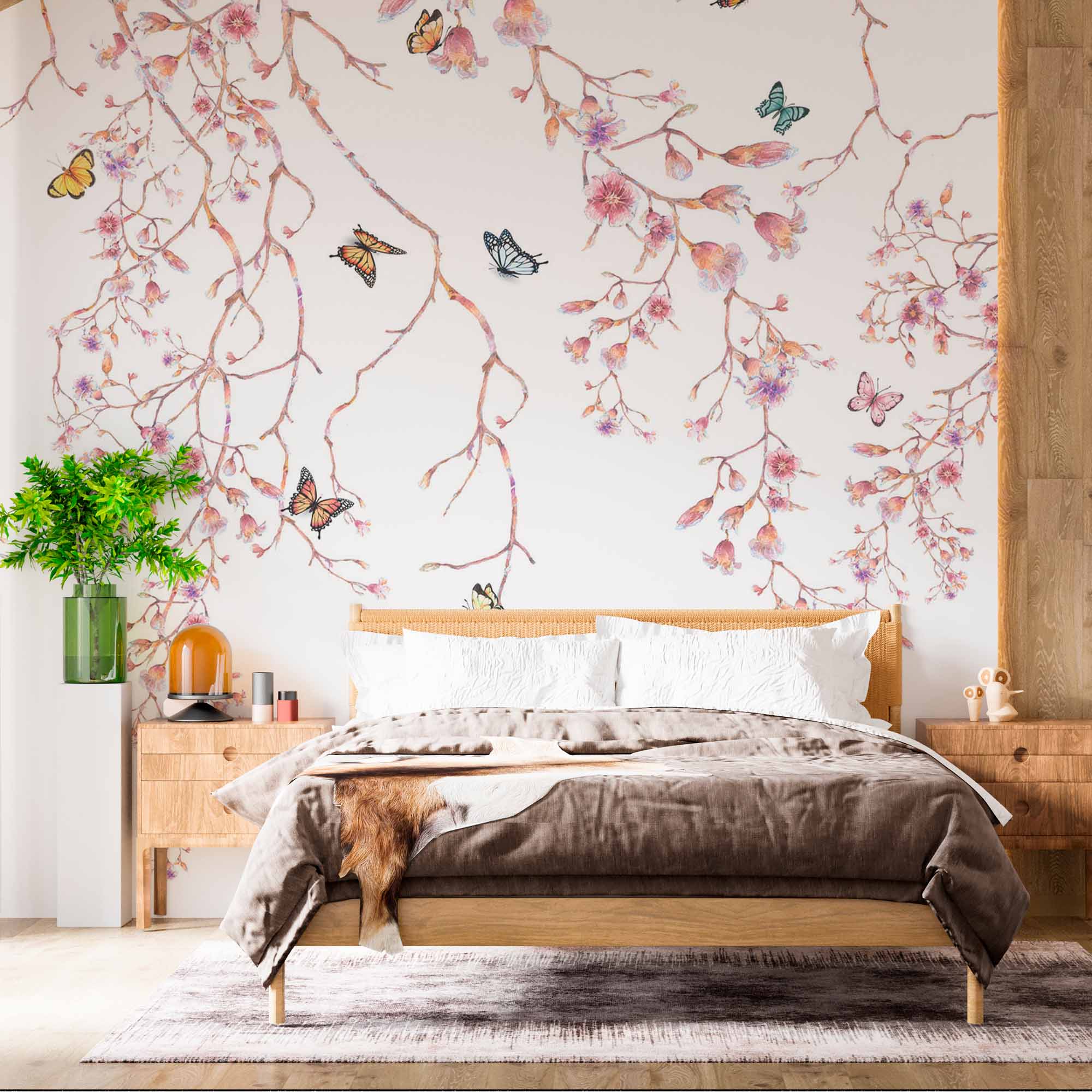 Cherry Blossom Tree with Butterflies Wall Mural Tender Floral Wallpaper