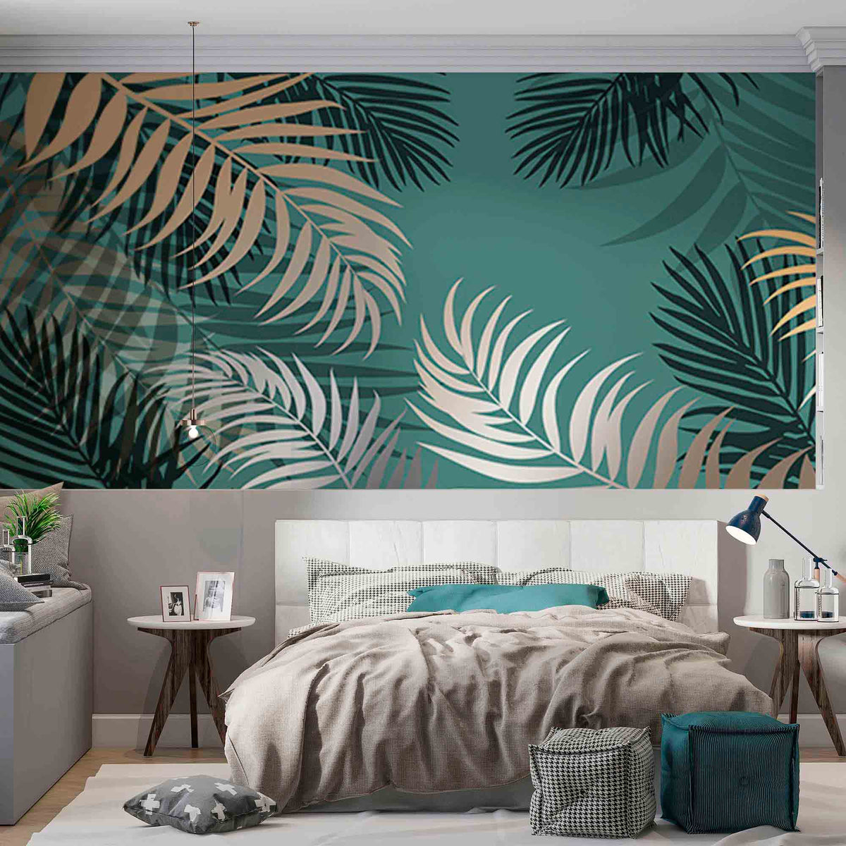 Tropical Wall Mural Green Wallpaper Exotic Golden Palm Leaves