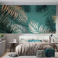 Custom Tropical Wall Mural Green Wallpaper Exotic Golden Palm Leaves