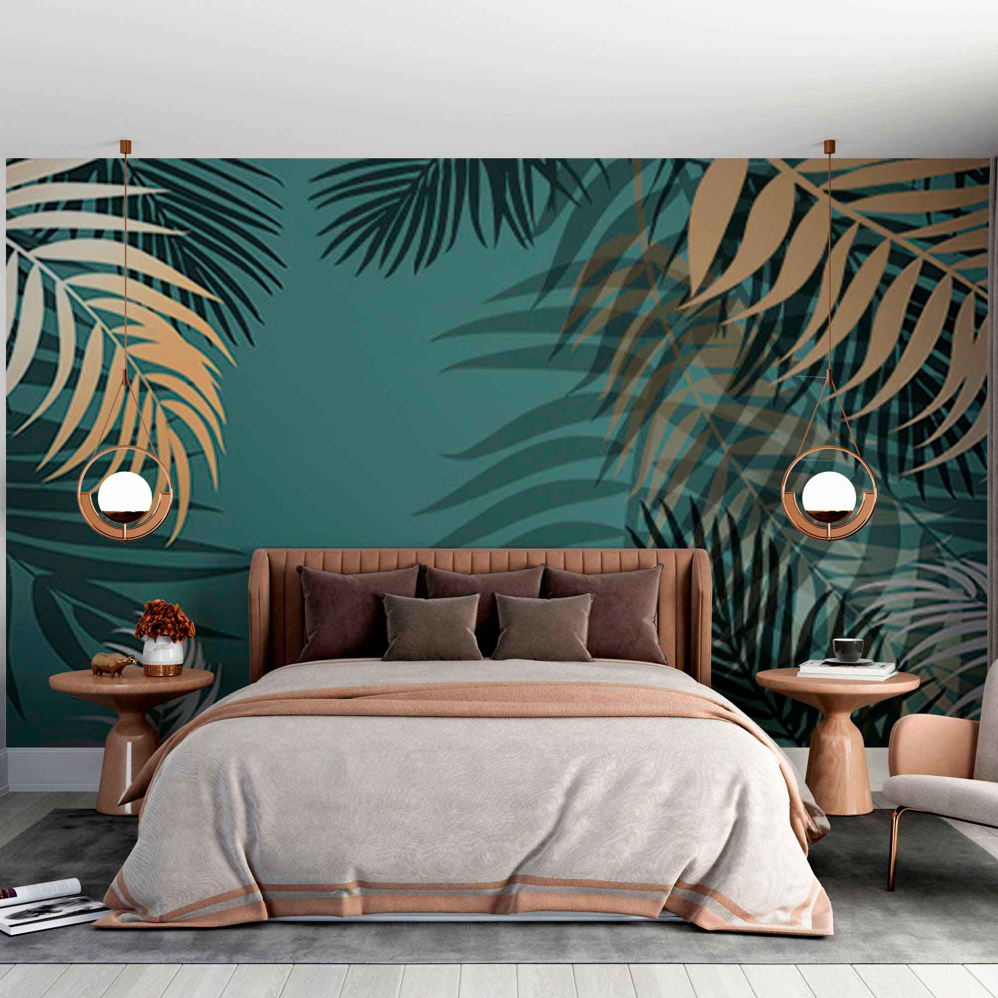 Tropical Wall Mural Green Wallpaper Exotic Golden Palm Leaves