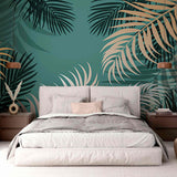 Tropical Wall Mural Green Wallpaper Exotic Golden Palm Leaves