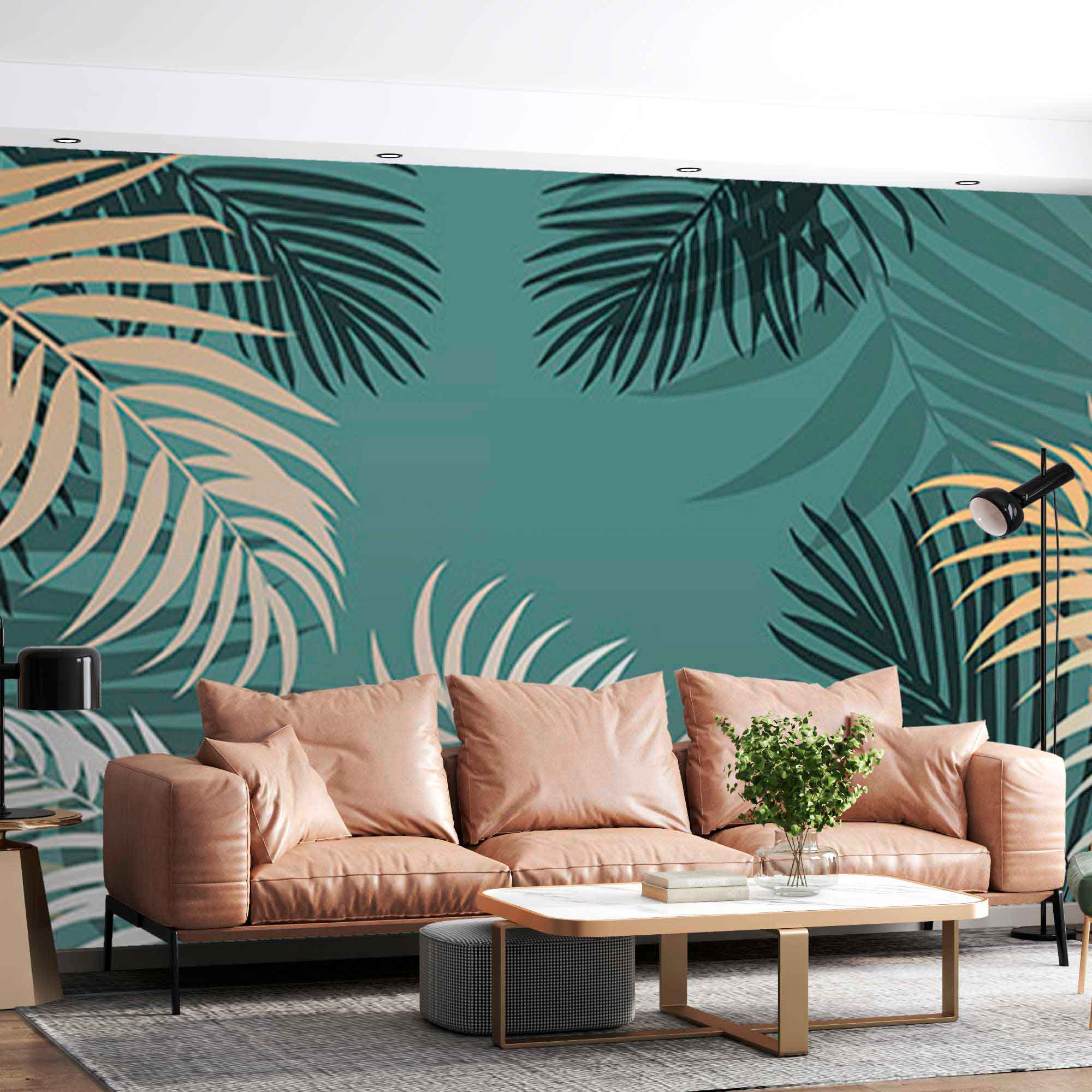 Tropical Wall Mural Green Wallpaper Exotic Golden Palm Leaves