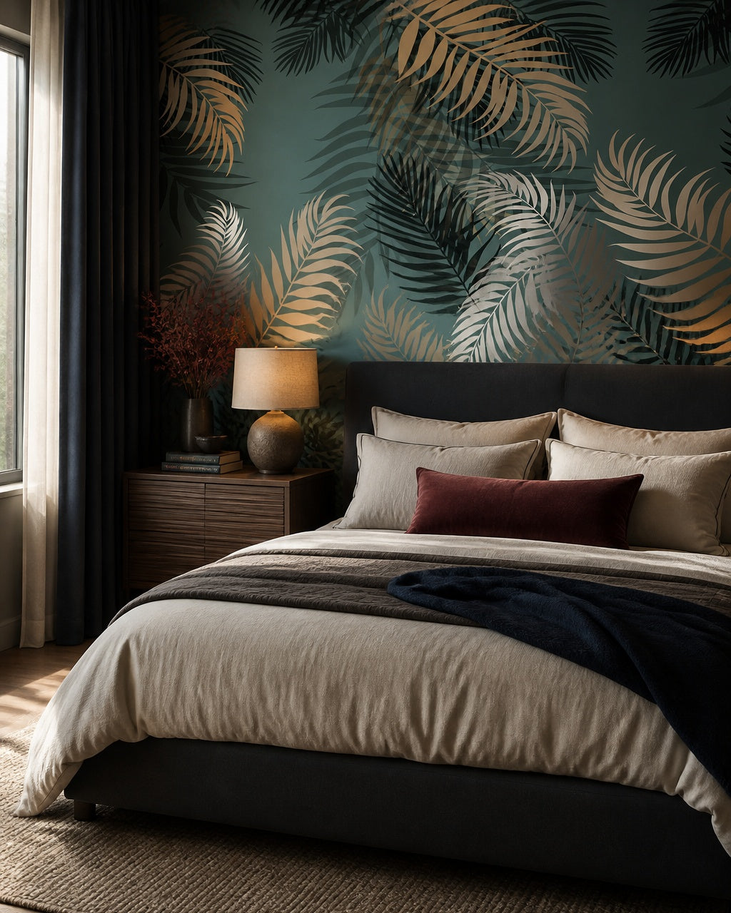 Tropical palm leaves wallpaper in a designer bedroom.