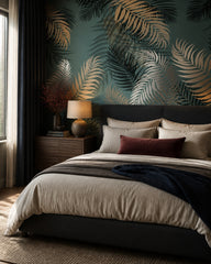 Tropical palm leaves wallpaper in a designer bedroom.
