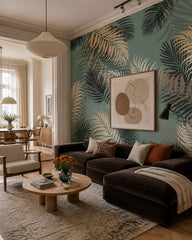 Tropical palm leaves wallpaper in a designer living room.