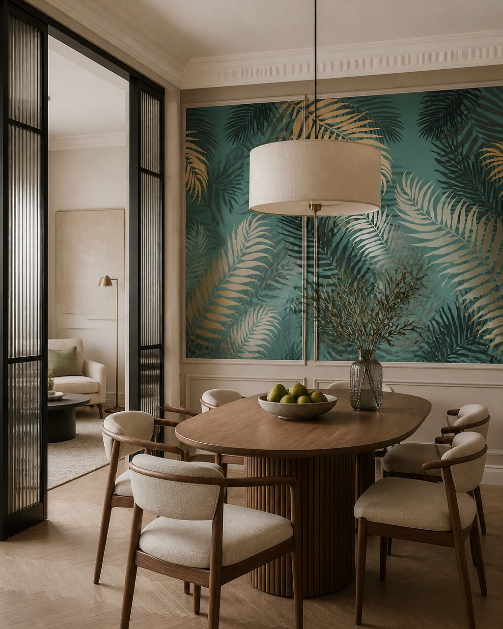 Tropical palm leaves wallpaper in a refined dining area.