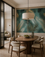 Tropical palm leaves wallpaper in a refined dining area.
