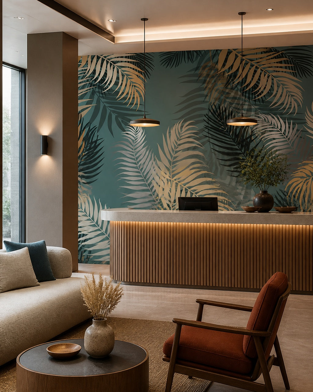 Tropical palm leaves wallpaper in a boutique hotel lobby.