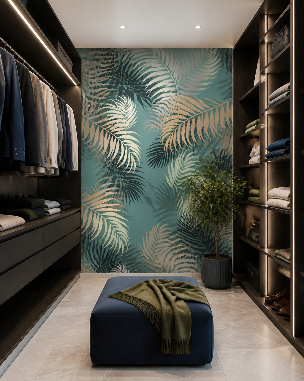 Tropical palm leaves wallpaper in a walk-in wardrobe.