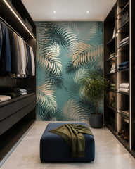 Tropical palm leaves wallpaper in a walk-in wardrobe.
