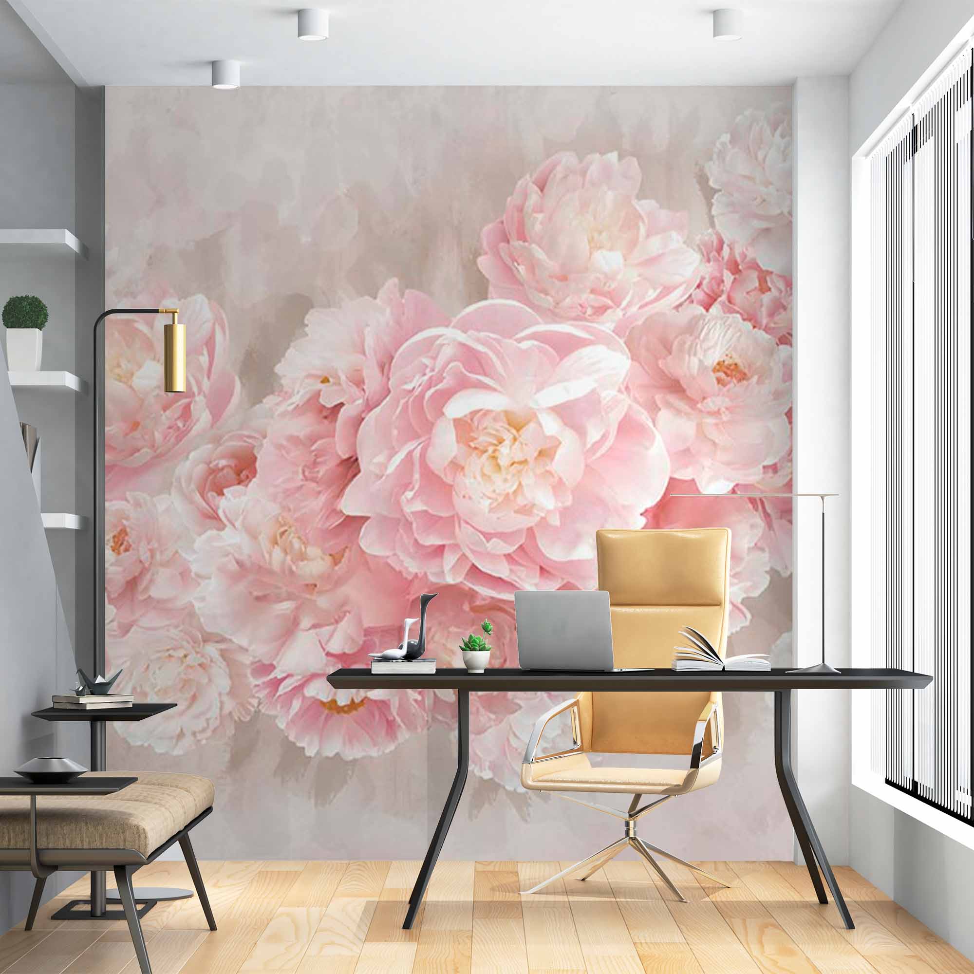 Soft Pink Peony Blossom Wall Mural - Romantic Floral Bouquet on Light Beige Background Wallpaper