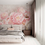 Soft Pink Peony Blossom Wall Mural - Romantic Floral Bouquet on Light Beige Background Wallpaper