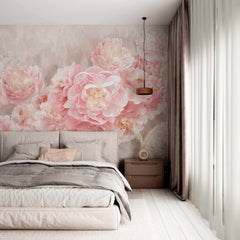 Custom Soft Pink Peony Blossom Wall Mural - Romantic Floral Bouquet on Light Beige Background Wallpaper