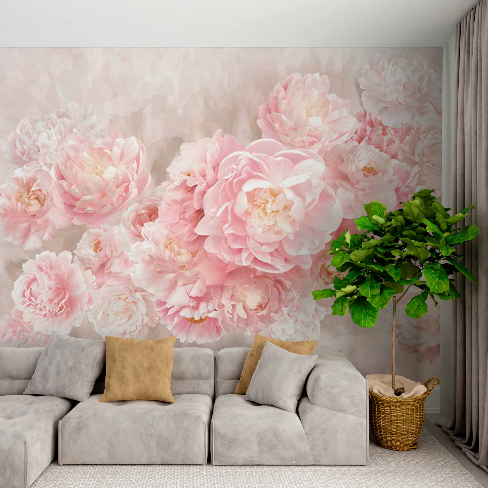 Soft Pink Peony Blossom Wall Mural - Romantic Floral Bouquet on Light Beige Background Wallpaper