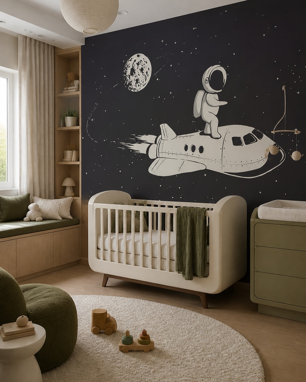 Astronaut riding a space shuttle kids’ wall mural in a modern nursery with a crib.