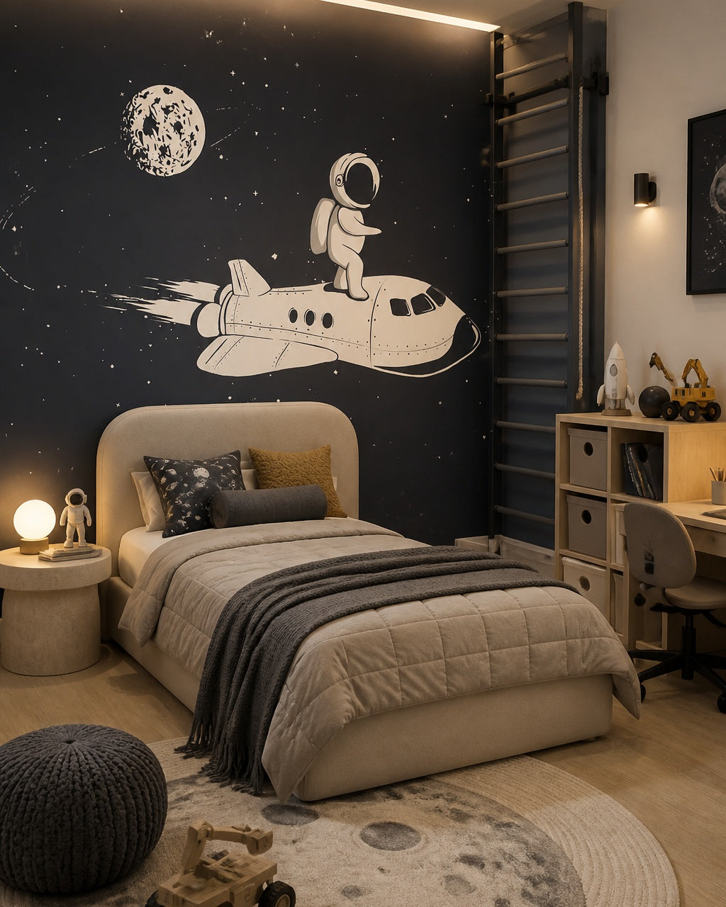 Astronaut riding a space shuttle kids’ wall mural in a boy’s bedroom.