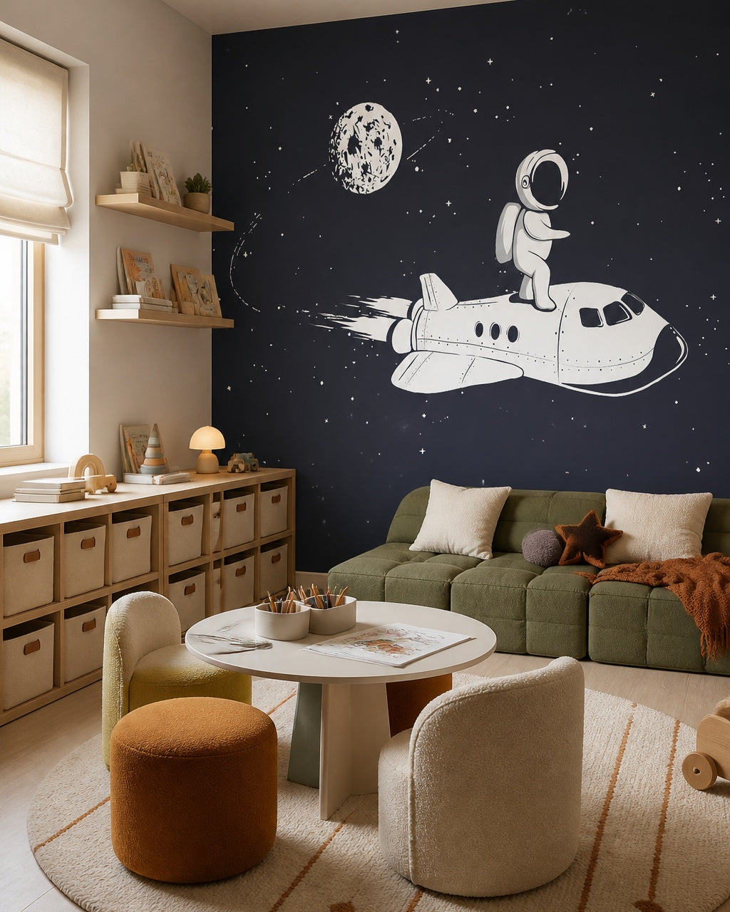 Astronaut riding a space shuttle kids’ wall mural in a children’s playroom.