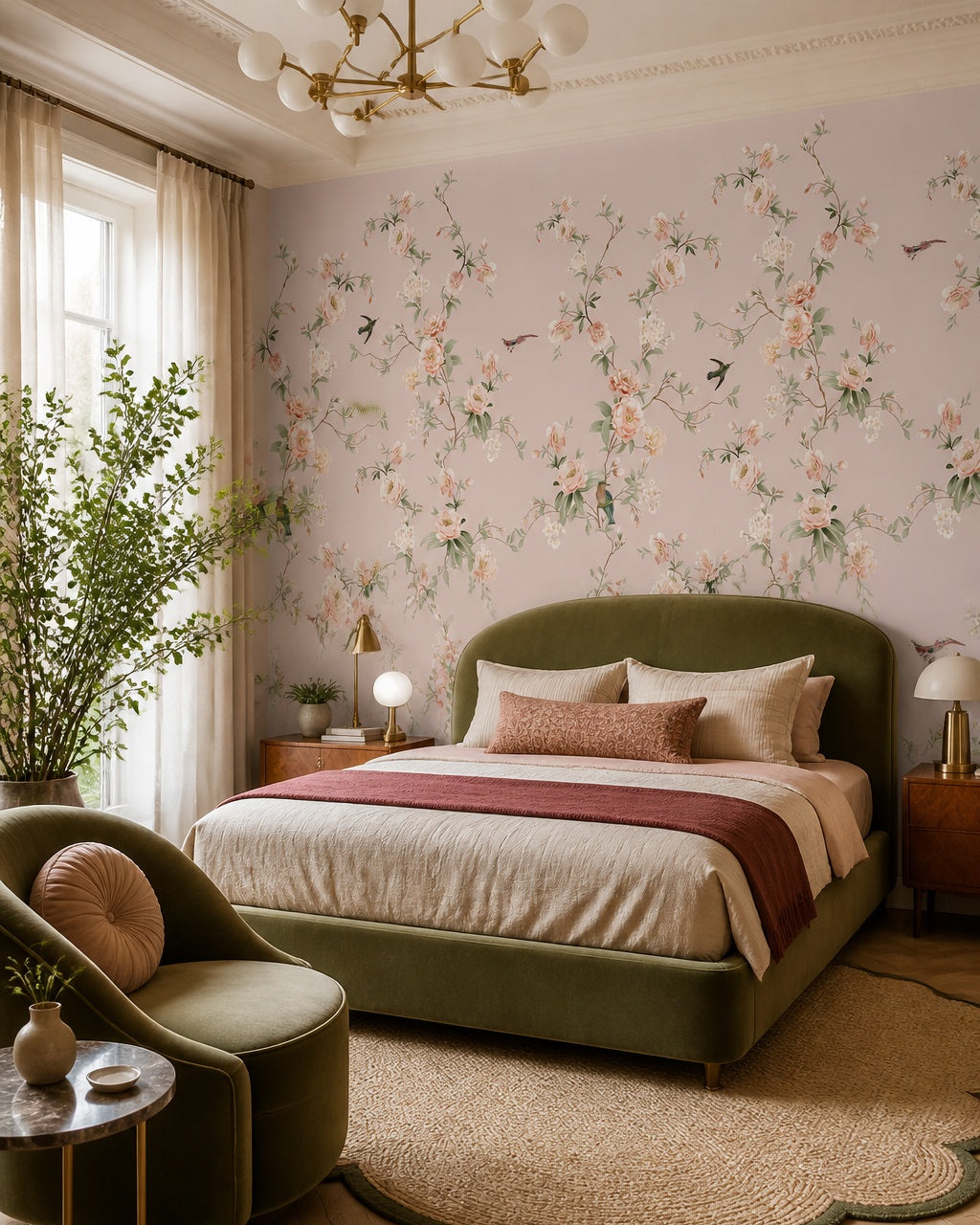 Peach blossoms and birds wallpaper in a designer bedroom.