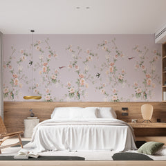 Custom Floral Wallpaper -Peach & Cream Blossoms with Birds- Lavender Background -Elegant Botanical Wall Decor