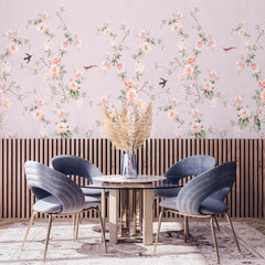 Custom Floral Wallpaper -Peach & Cream Blossoms with Birds- Lavender Background -Elegant Botanical Wall Decor
