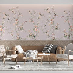 Custom Floral Wallpaper -Peach & Cream Blossoms with Birds- Lavender Background -Elegant Botanical Wall Decor