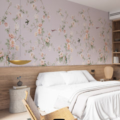 Custom Floral Wallpaper -Peach & Cream Blossoms with Birds- Lavender Background -Elegant Botanical Wall Decor