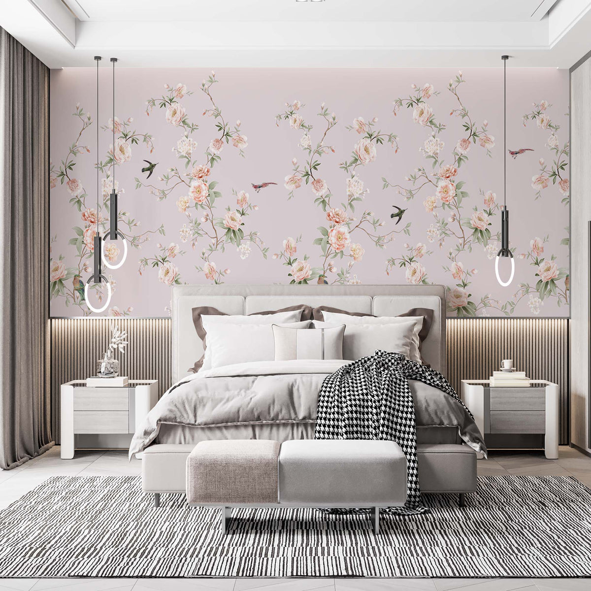 Custom Floral Wallpaper -Peach & Cream Blossoms with Birds- Lavender Background -Elegant Botanical Wall Decor