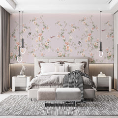 Custom Floral Wallpaper -Peach & Cream Blossoms with Birds- Lavender Background -Elegant Botanical Wall Decor