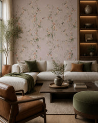 Peach blossoms and birds wallpaper in a designer living room.