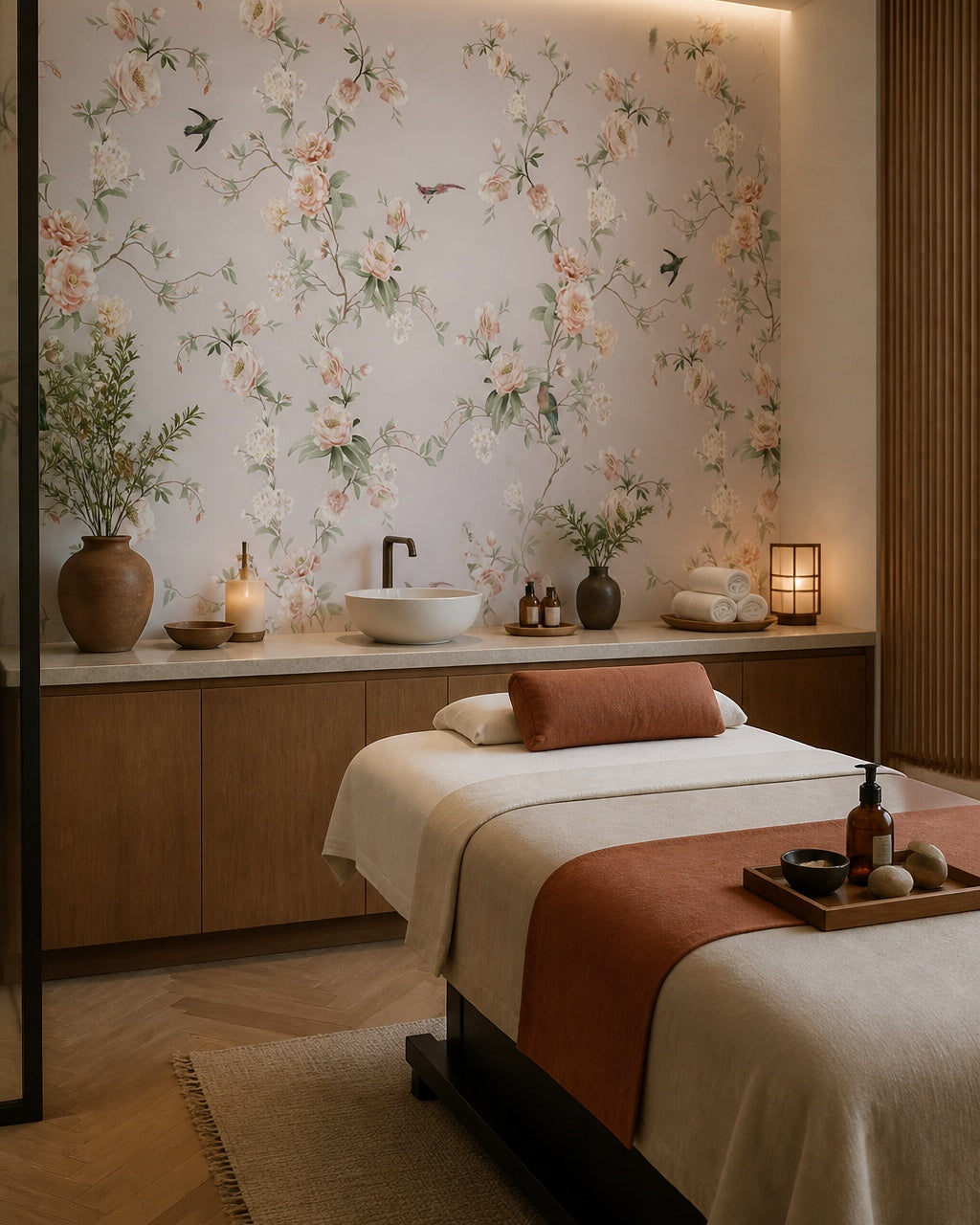 Peach blossoms and birds wallpaper in a wellness spa.