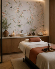 Peach blossoms and birds wallpaper in a wellness spa.
