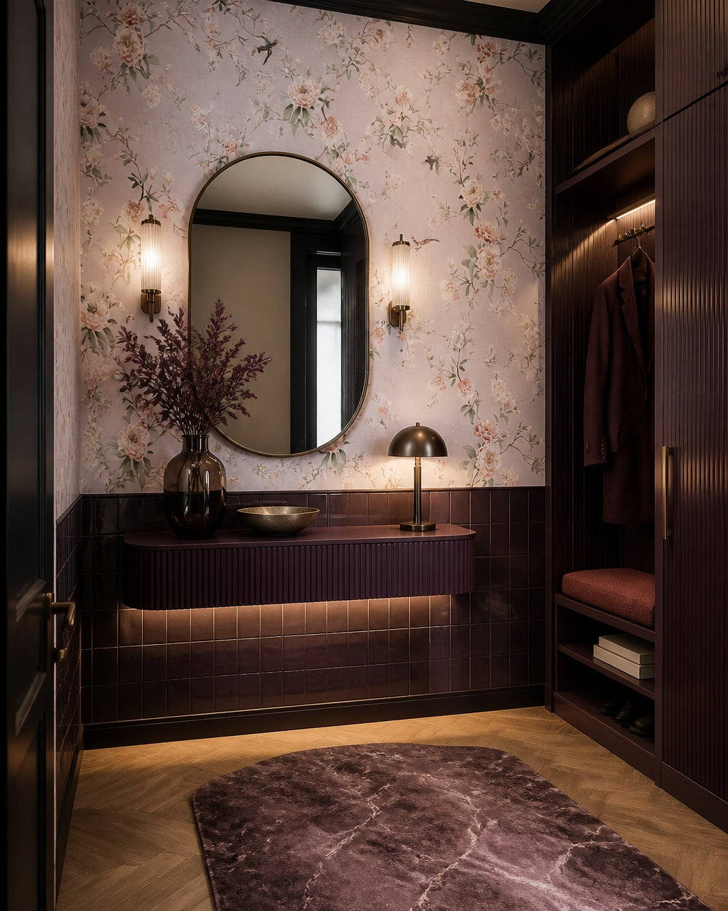 Peach blossoms and birds wallpaper in a designer entrance hall.
