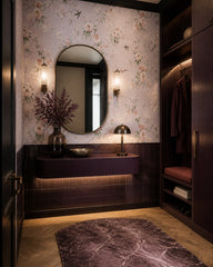 Peach blossoms and birds wallpaper in a designer entrance hall.