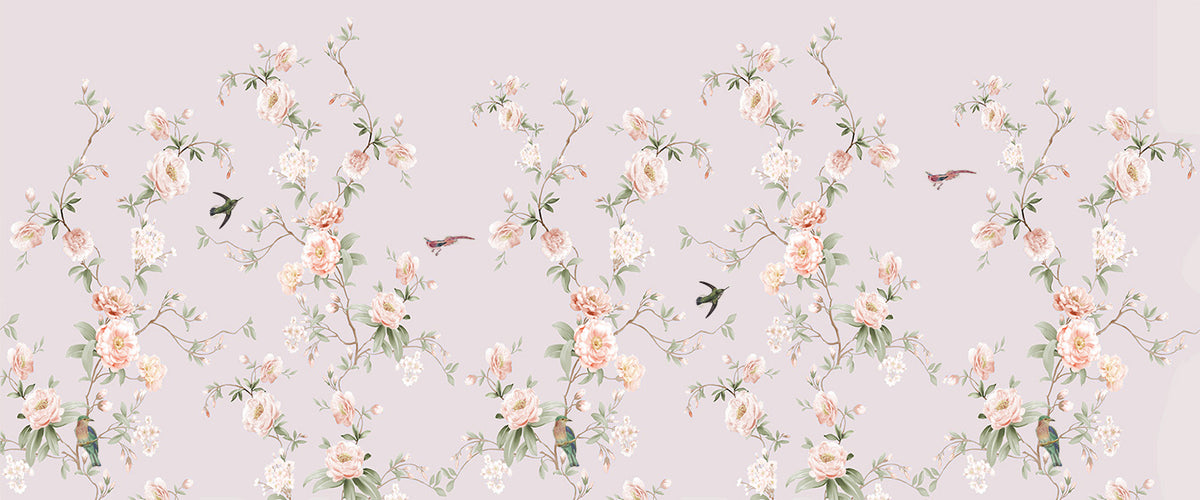Fototapete Pfirsichblüten und Vögel – Chinoiserie auf Lavendel